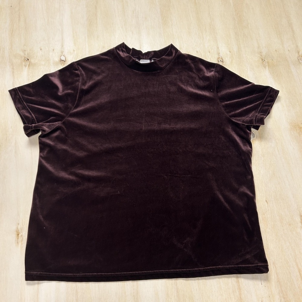 Vintage Sharon Anthony Shirt Womens 2X Brown Velvet Mock Neck Short Sleeve Top